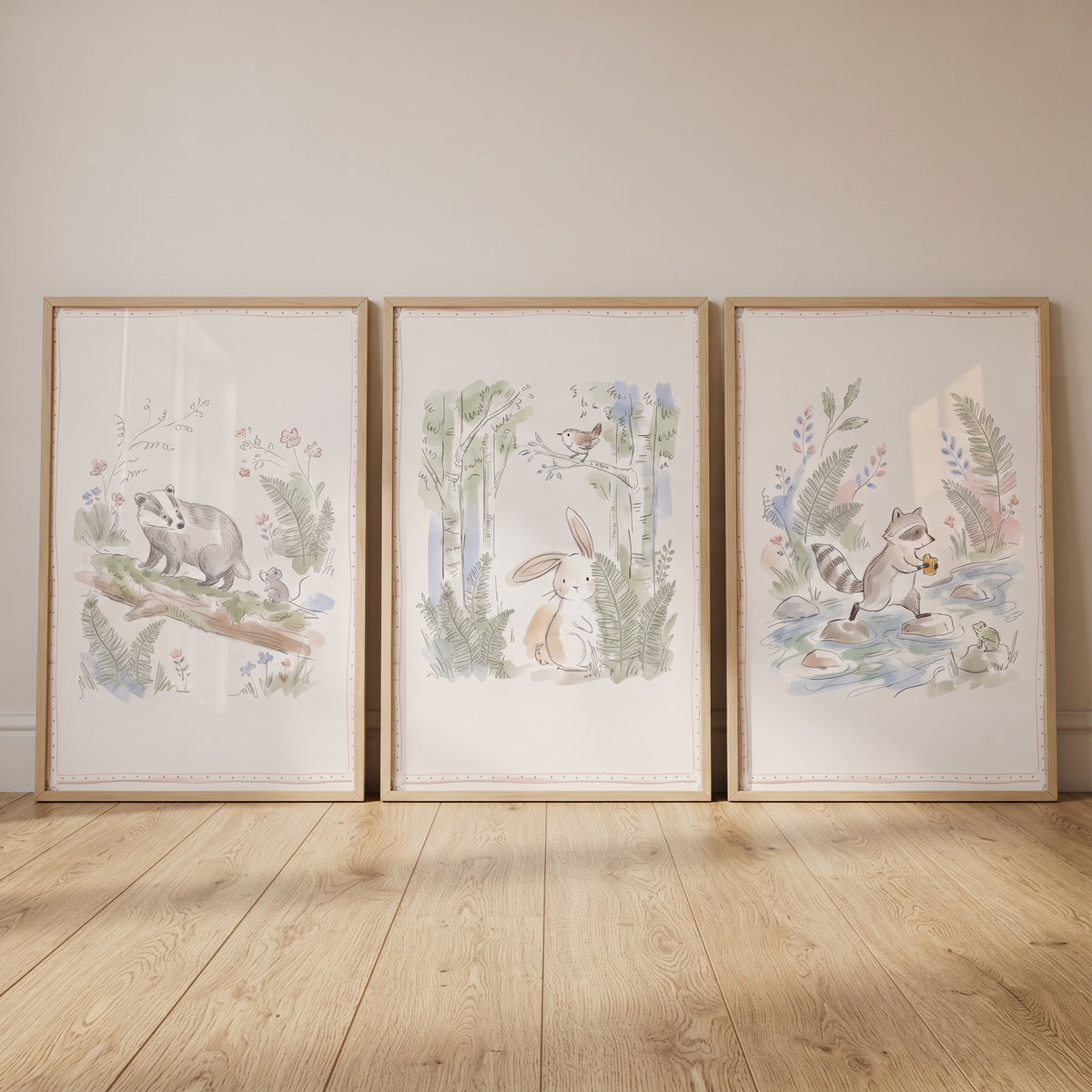 Antique storybook woodland animal wall art set of 3 featuring a badger, rabbit, and raccoon in light wood frames.