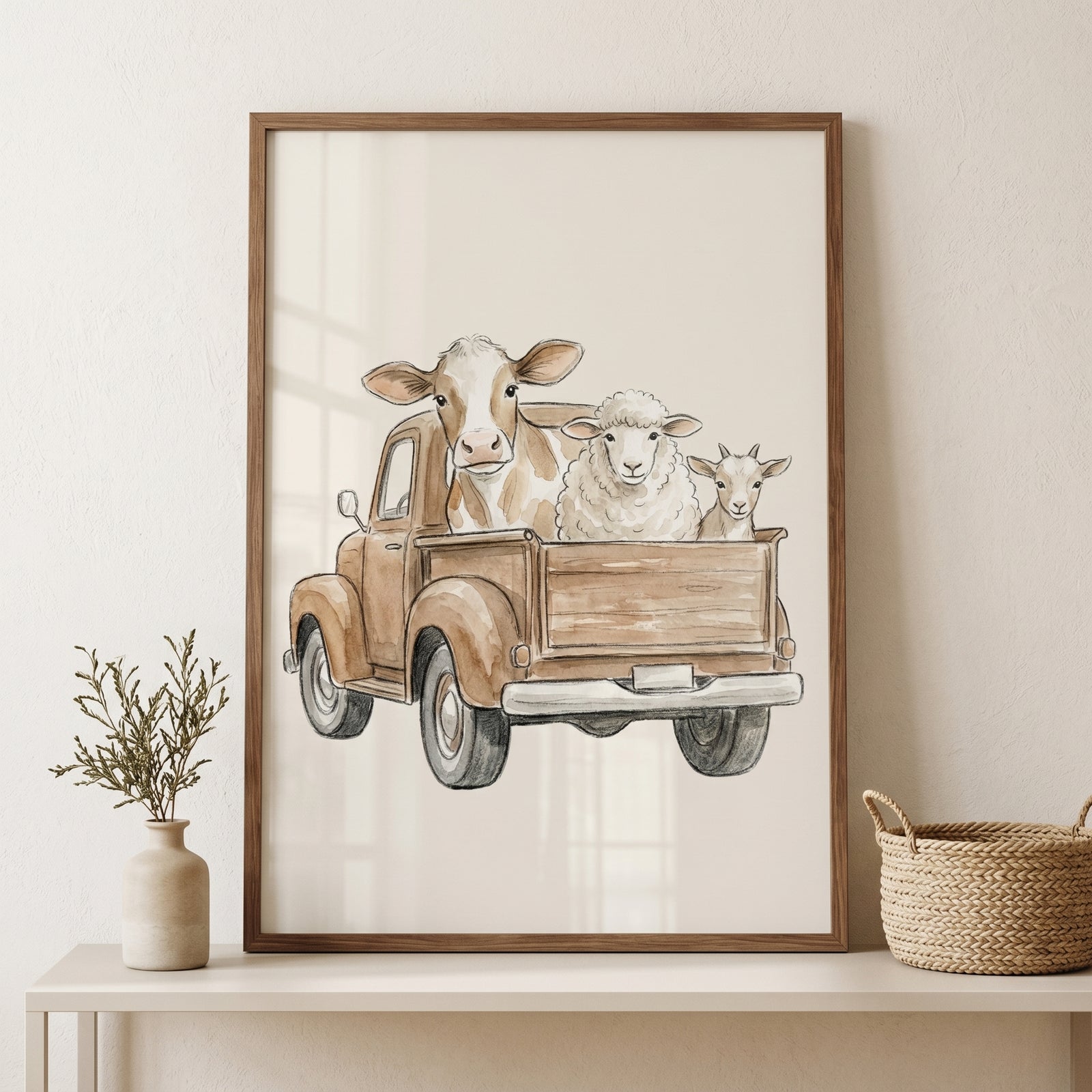 Antique truck farm animal wall art featuring a cow, sheep, and goat in a brown pickup truck on a neutral background.