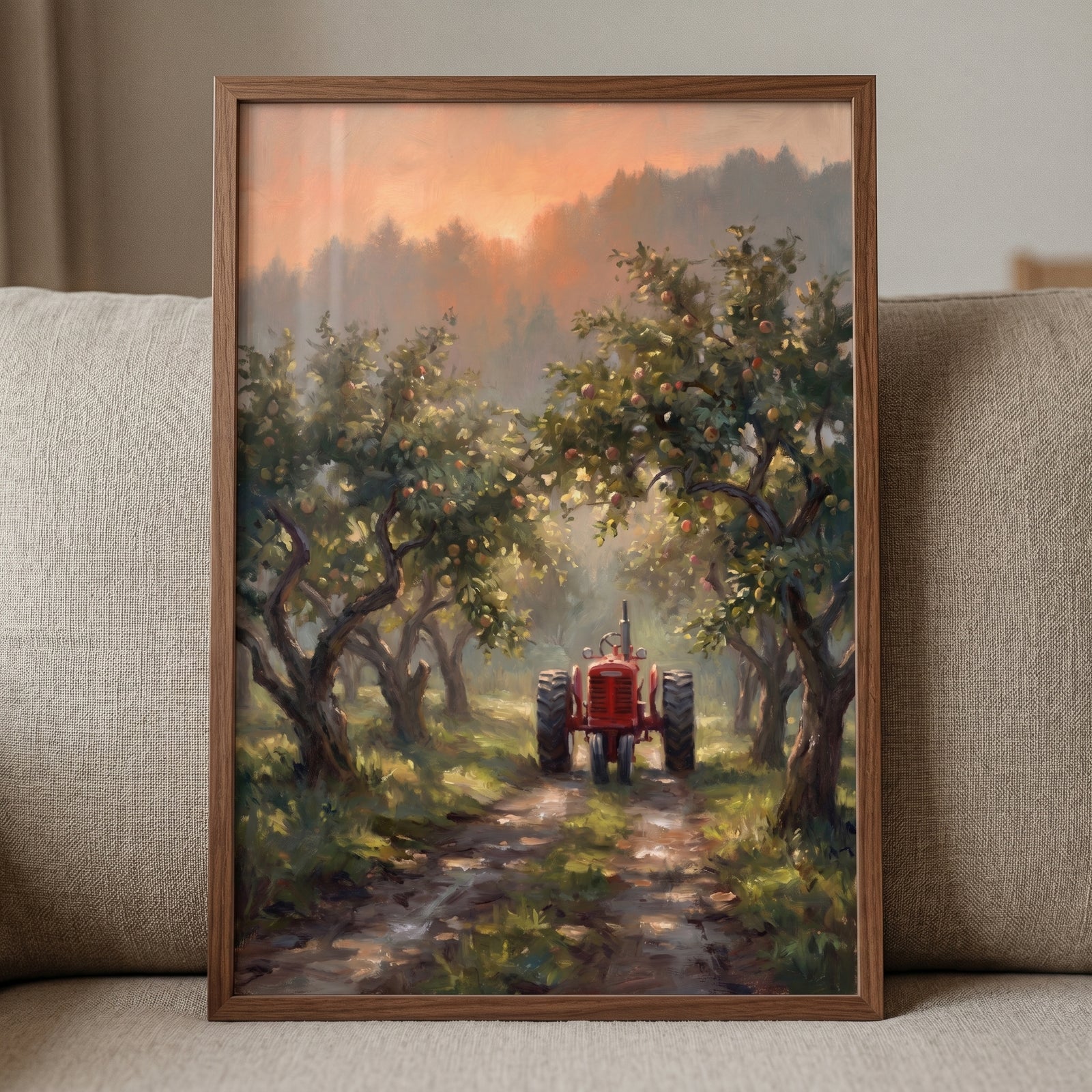 Apple orchard red tractor wall art depicting a vintage vehicle on a sunlit path through rows of fruit trees at sunset.
