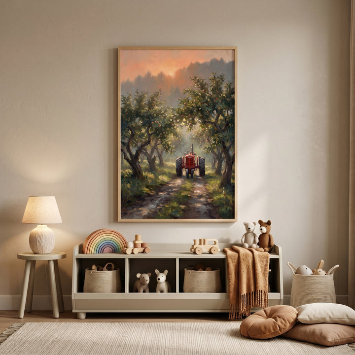 Apple orchard red tractor wall art hangs in a nursery above a toy storage bench with plush animals and soft pillows.