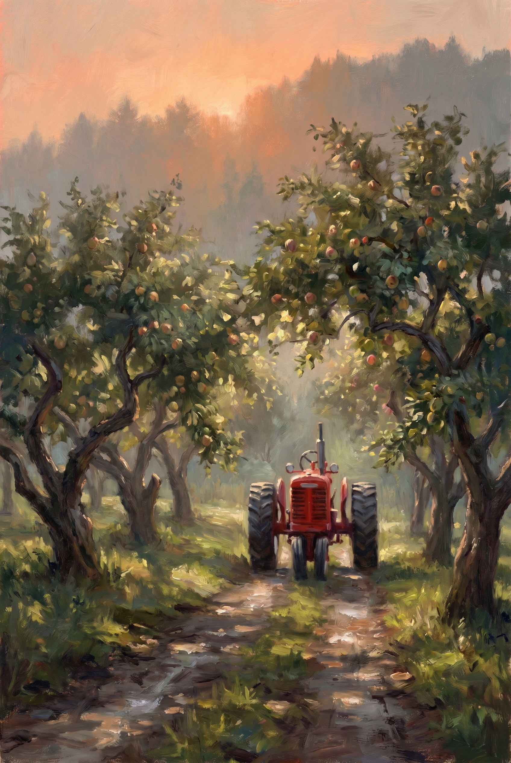 Apple Orchard Red Tractor Wall Art - Golden Orchard Harvest