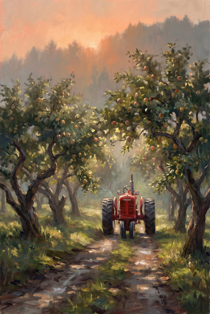 A red tractor sits on a dirt path in a sunlit apple orchard red tractor wall art with fruit trees under a golden sky.