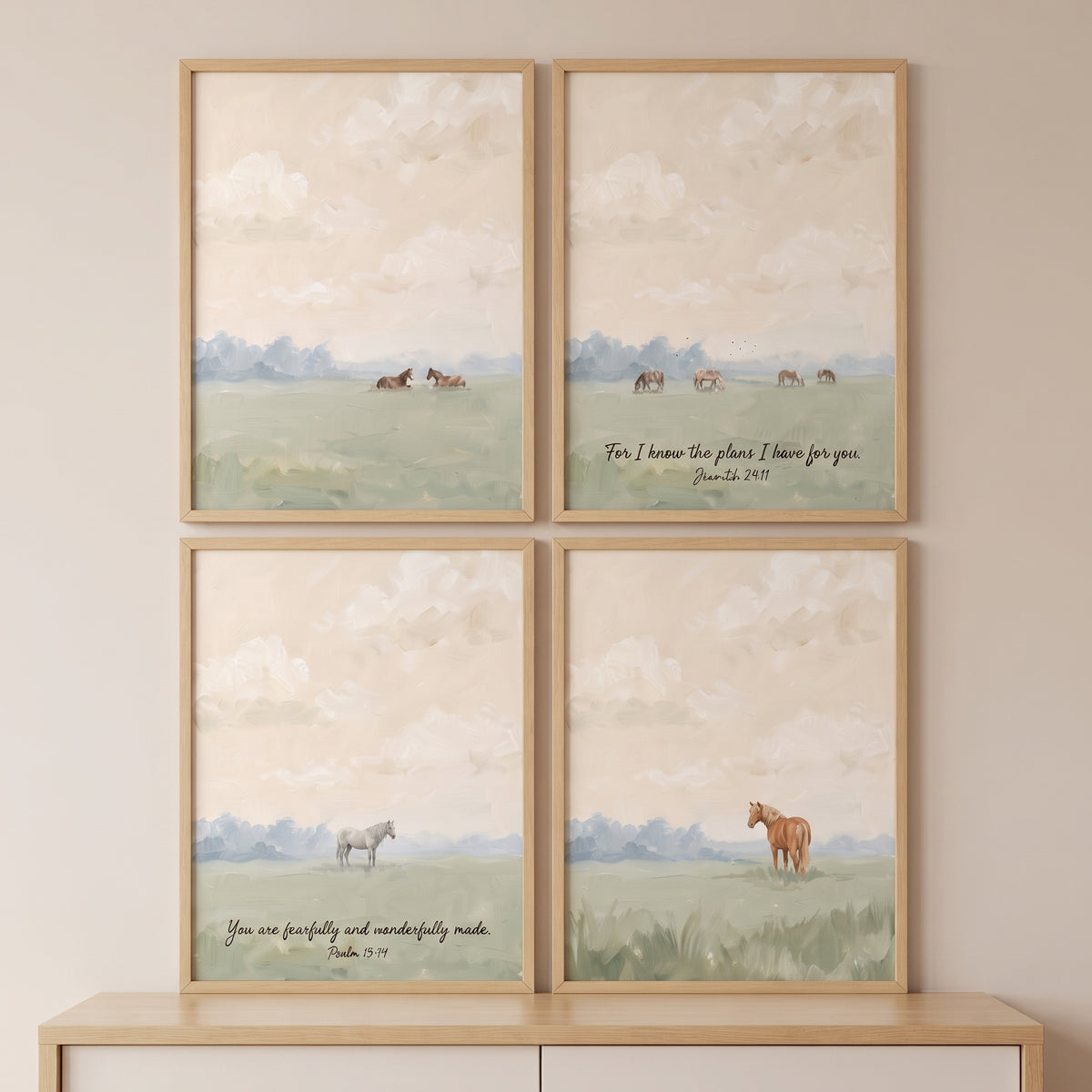 Apricot horizon pasture horse wall art set of 4 shows horses in grassy fields with soft skies and scripture in wooden frames.