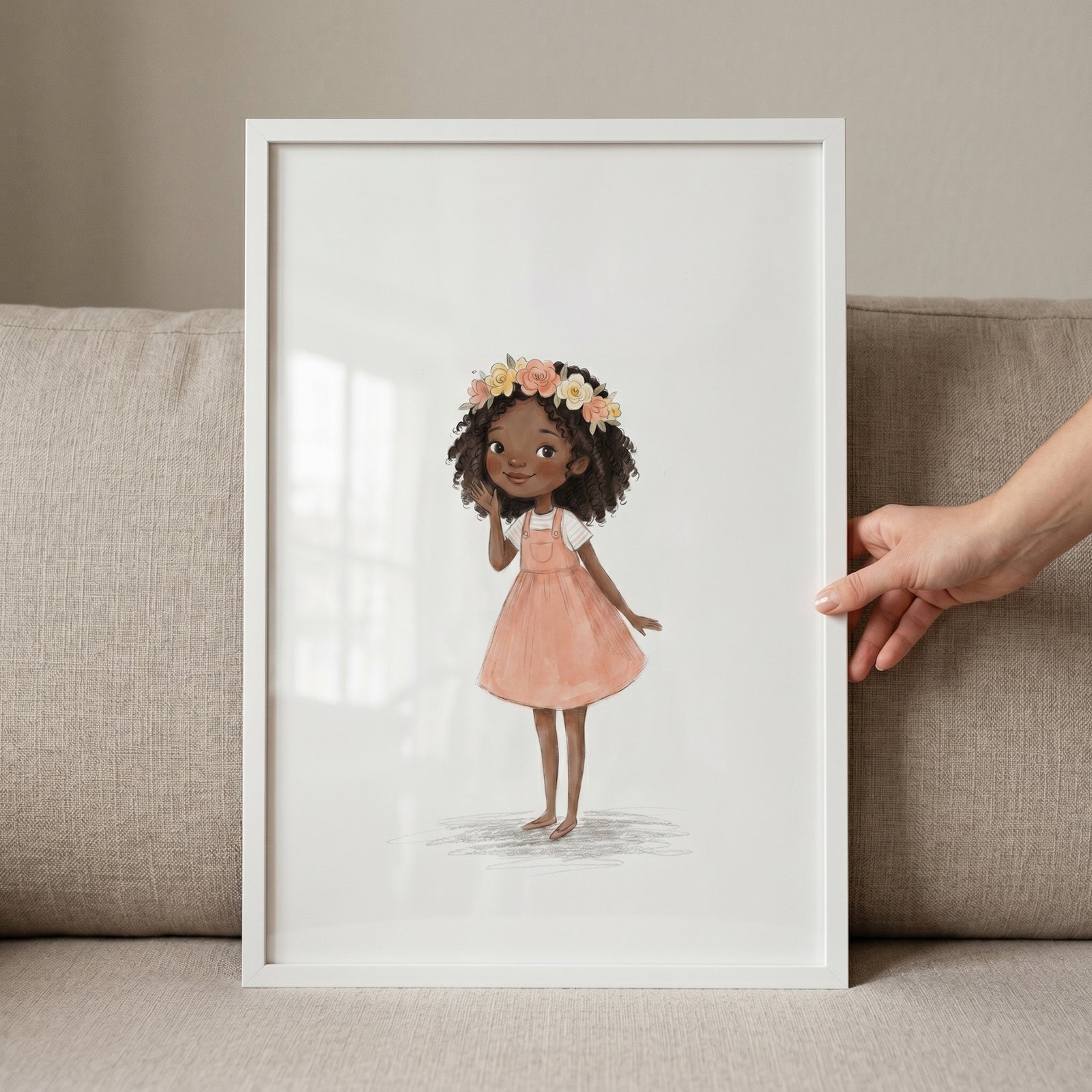 Apricot pinafore curly girl wall art in a white frame featuring a young girl with a flower crown and dark curls.