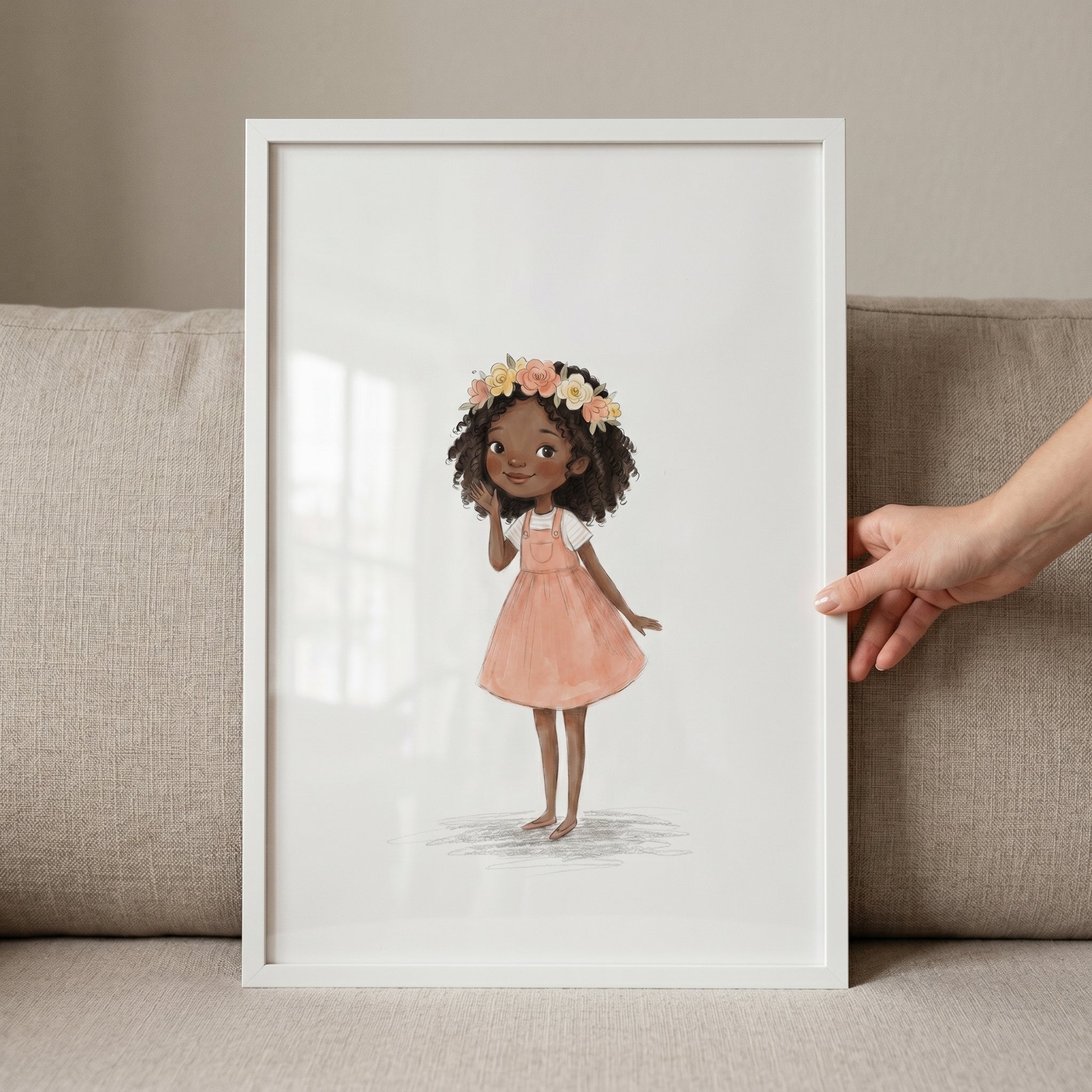 Apricot Pinafore Curly Girl Wall Art - Floral Crown Cutie