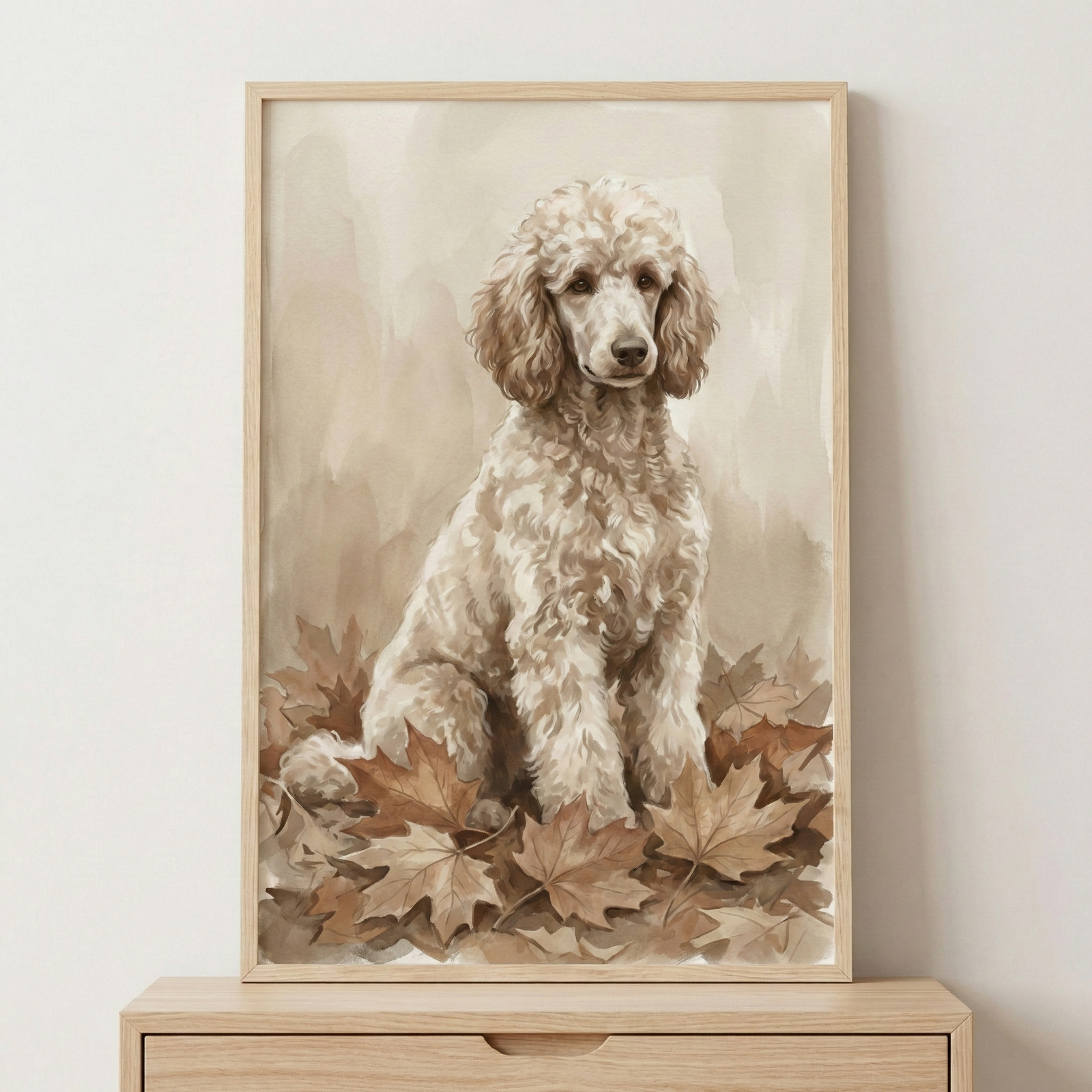 A framed watercolor-style illustration depicts a light cream-colored poodle with soft, curly fur. The dog sits poised amidst a bed of dry, brown autumn leaves. The background is a muted, textured wash of tan and beige tones, giving the image a warm and calm feeling. The art piece is enclosed in a natural wood frame and sits atop a matching light wooden dresser against a plain, light-colored wall.