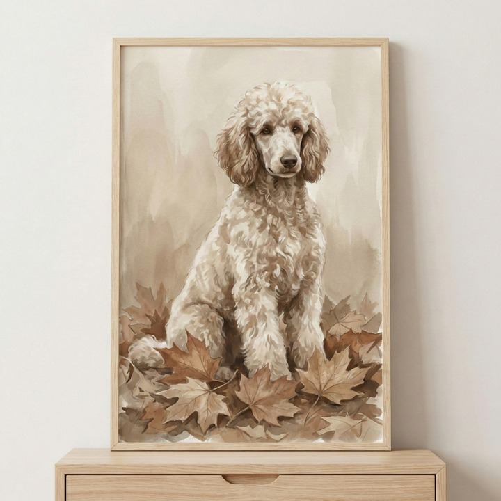 A framed watercolor-style illustration depicts a light cream-colored poodle with soft, curly fur. The dog sits poised amidst a bed of dry, brown autumn leaves. The background is a muted, textured wash of tan and beige tones, giving the image a warm and calm feeling. The art piece is enclosed in a natural wood frame and sits atop a matching light wooden dresser against a plain, light-colored wall.