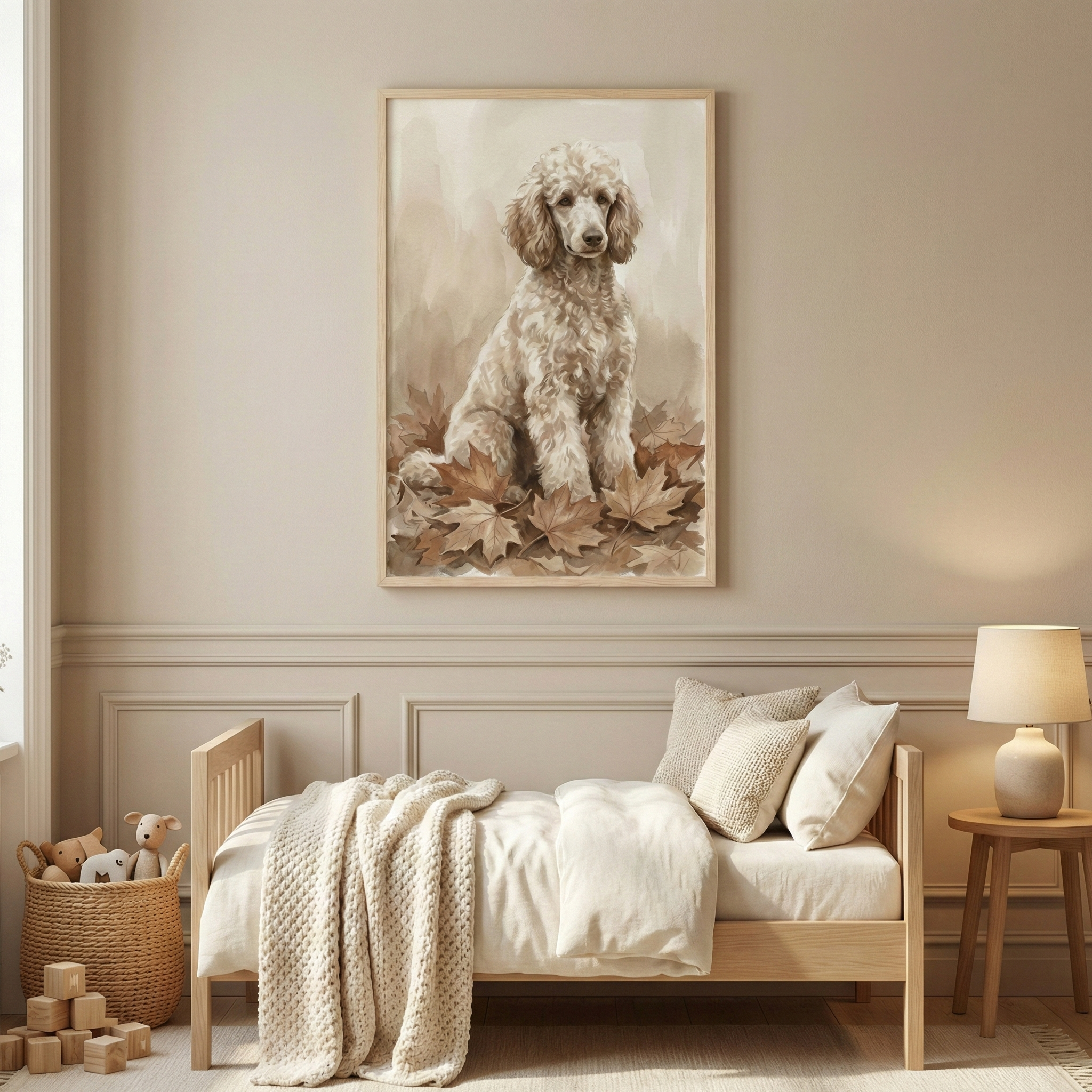 A large, vertical framed piece of art is centered on a warm beige wall, featuring a detailed illustration of a light brown, curly-haired dog sitting amidst a bed of autumn leaves in shades of tan and brown. The artwork has a soft, textured appearance and is encased in a simple light wood frame. 


