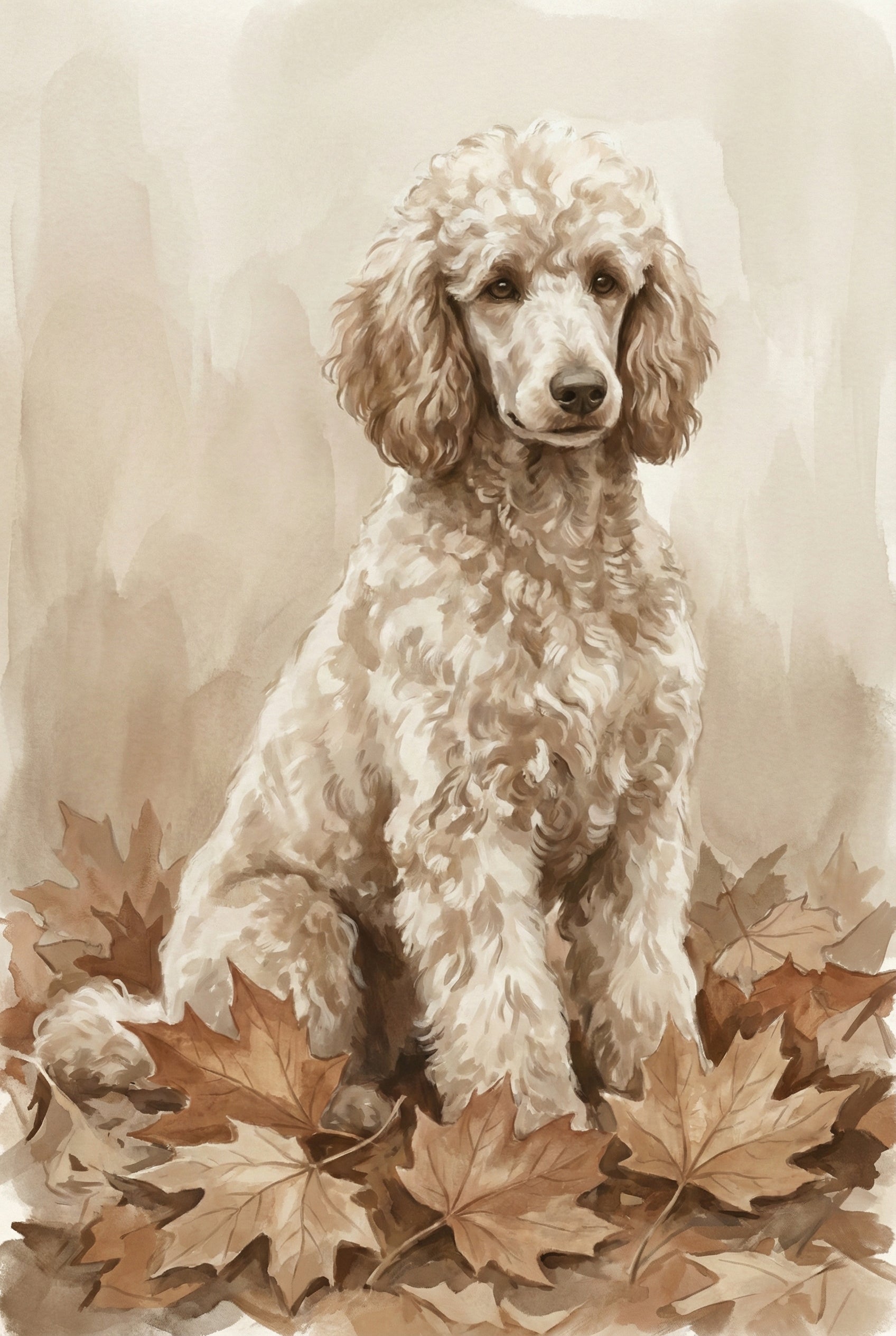Watercolor illustration of an apricot poodle sitting among brown autumn leaves, painted in soft beige and sepia tones with a warm neutral background.
