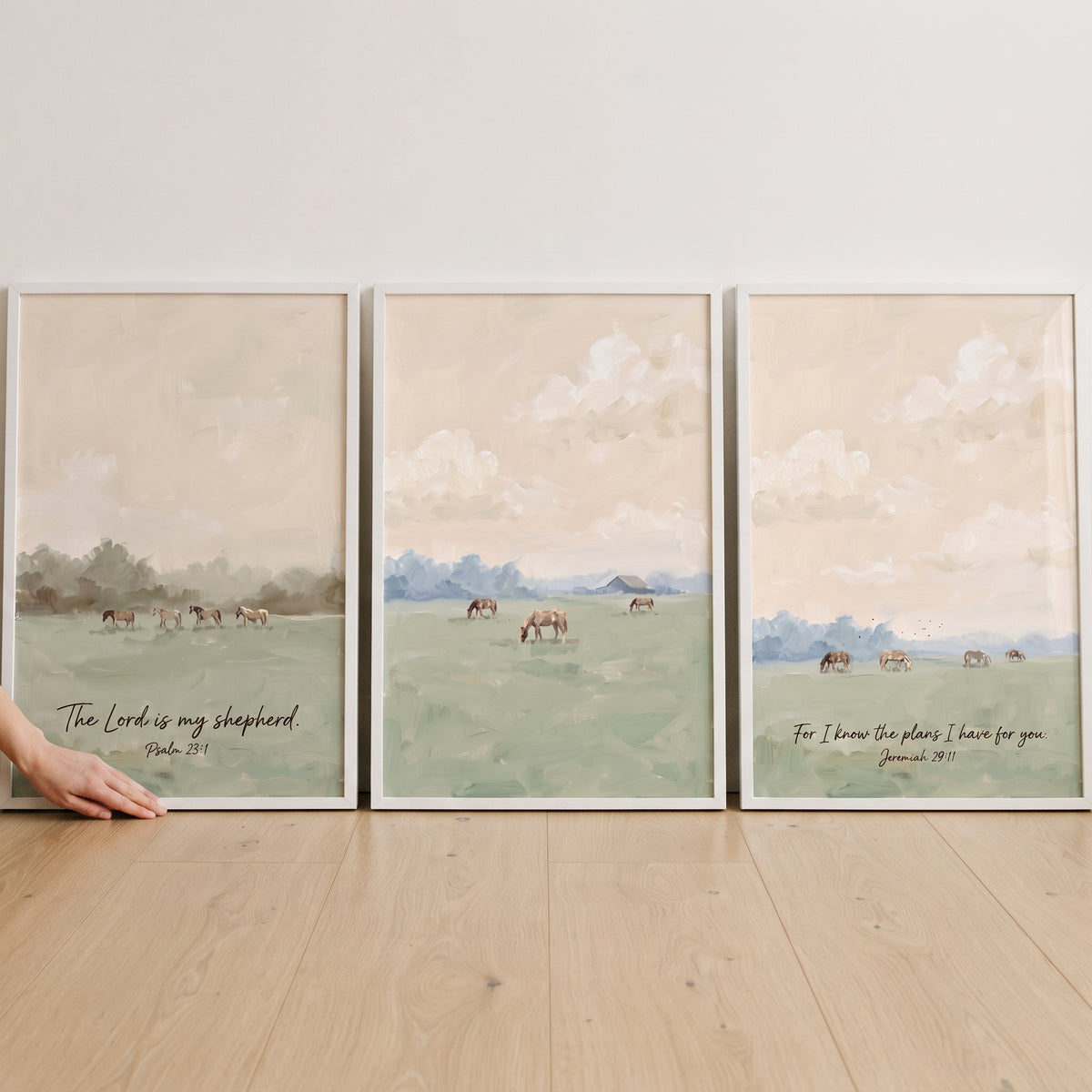 Apricot Sky Grazing Horse Wall Art Set of 3 - Serene Scripture Scenes