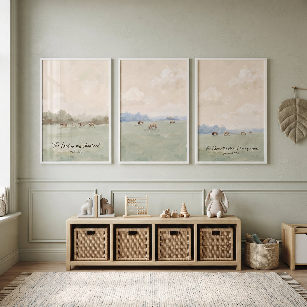 Apricot Sky Grazing Horse Wall Art Set of 3 - Serene Scripture Scenes