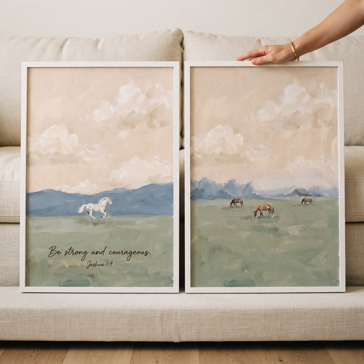 Apricot sky pastoral horse wall art set of 2 featuring running and grazing horses with Joshua 1:9 biblical scripture.