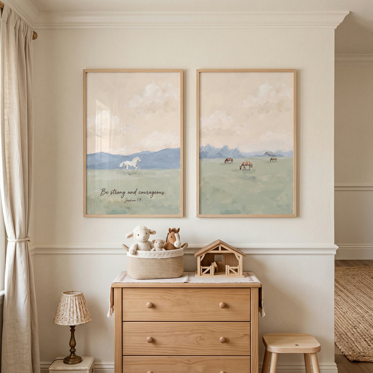 Apricot Sky Pastoral Horse Wall Art Set of 2 - Faithful Field Horses