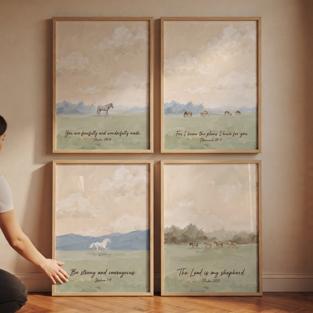 Apricot sky scripture horse wall art set of 4 features horses in nature scenes with Bible verses in light wood frames.