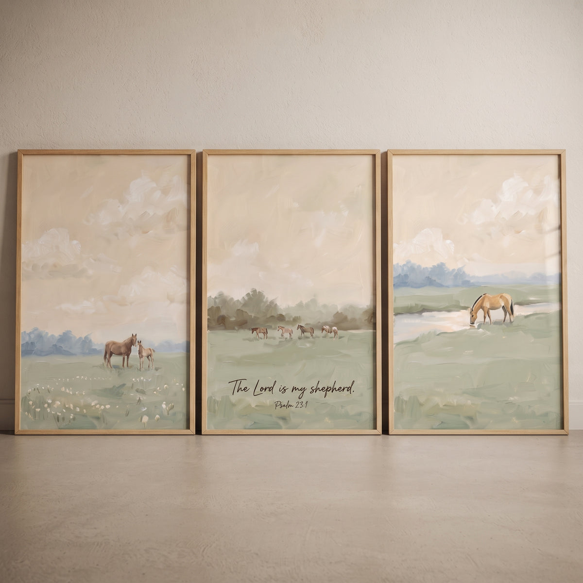 Apricot sunset field horse wall art set of 3 depicts horses in a soft landscape with the text The Lord is my shepherd.