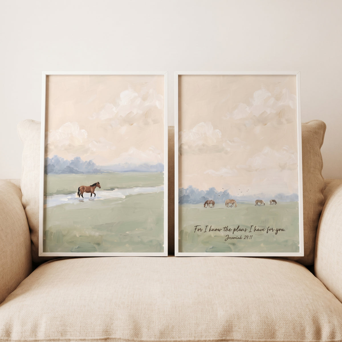Apricot sunset pasture horse wall art set of 2 displays horses in a field with a scripture quote.
