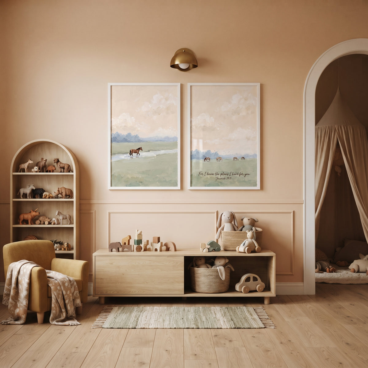 Apricot Sunset Pasture Horse Wall Art Set Of 2 - Faithful Meadow Promise