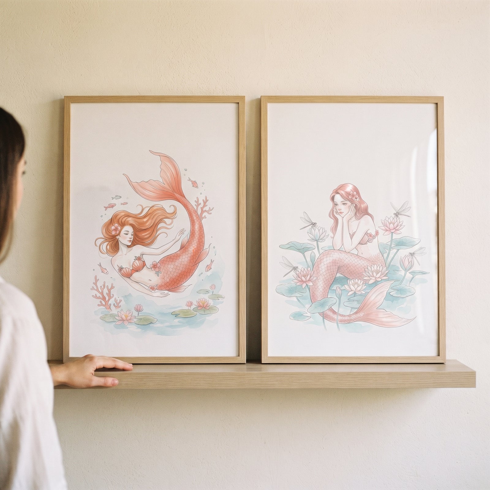 Aquatic fantasy peach mermaid wall art set of 2 in light wood frames resting on a shelf against a neutral wall.