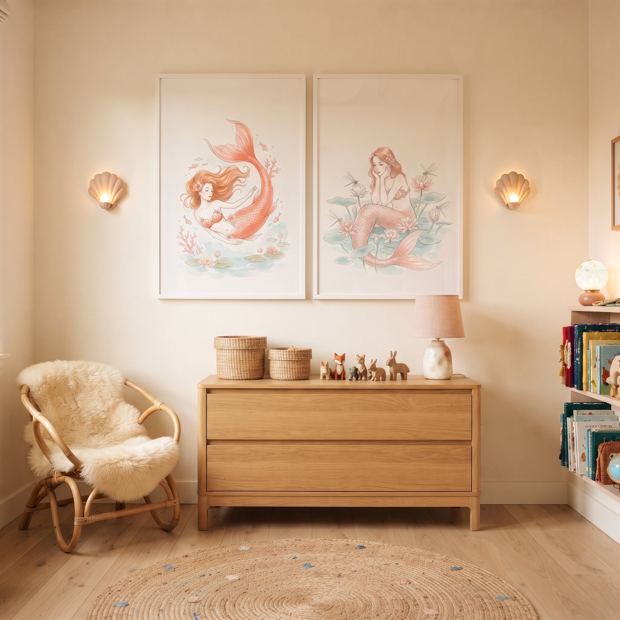 Aquatic Fantasy Peach Mermaid Wall Art Set of 2 - Blushing Sea Maidens