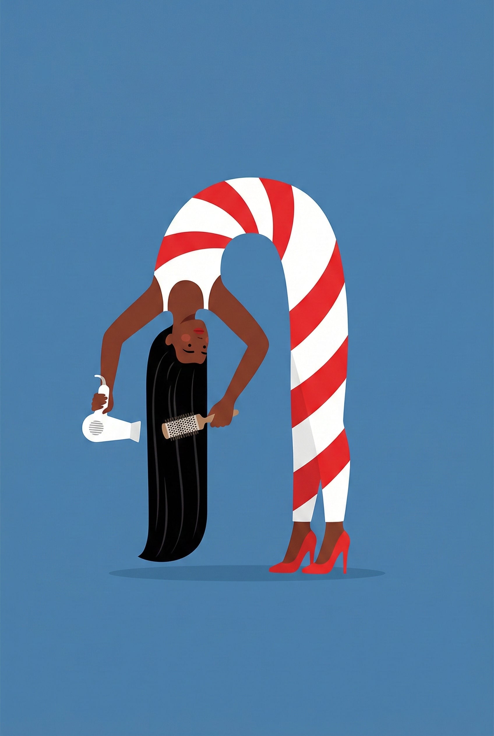 Stylized illustration of a woman with an exaggeratedly arched body, forming a curve as she blow-dries her long black hair. She wears red and white striped clothing and red heels against a blue background.