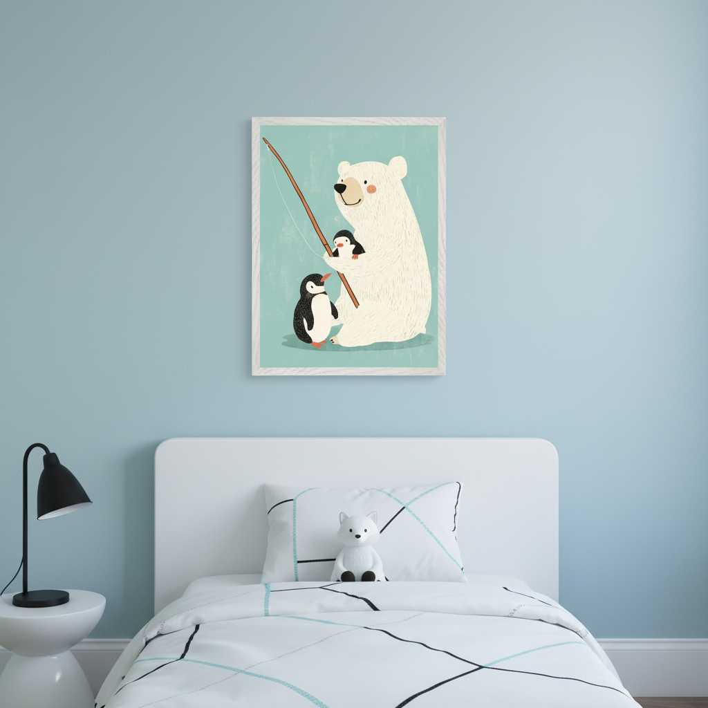 Kid's bedroom with light blue walls. Above a white bed with headboard hangs a framed illustration of a polar bear fishing with two penguins. A white side table, black lamp, and white fox plushie on geometric bedding complete the foreground.