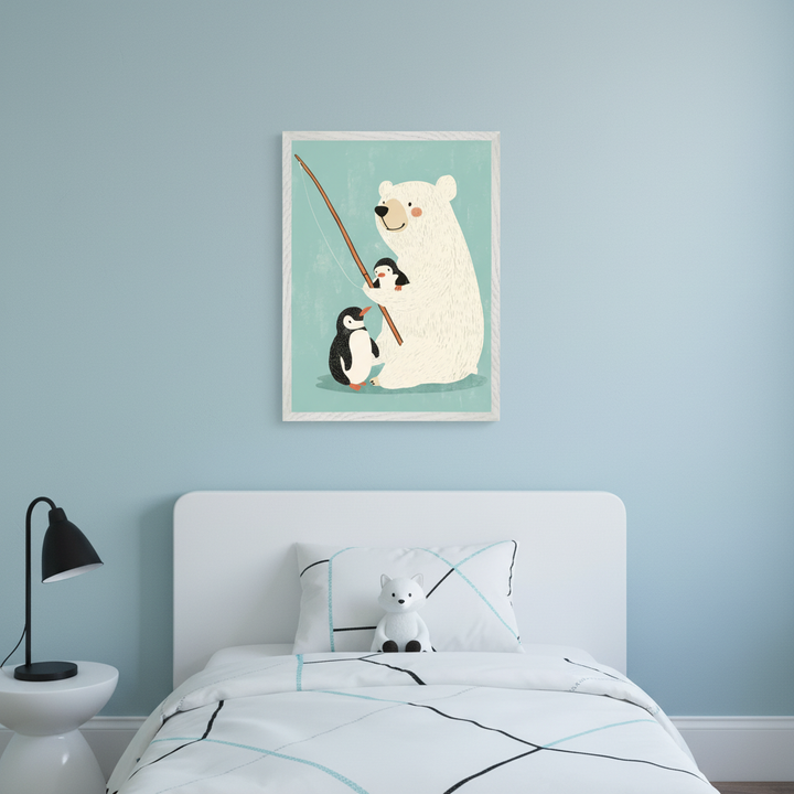 Kid's bedroom with light blue walls. Above a white bed with headboard hangs a framed illustration of a polar bear fishing with two penguins. A white side table, black lamp, and white fox plushie on geometric bedding complete the foreground.