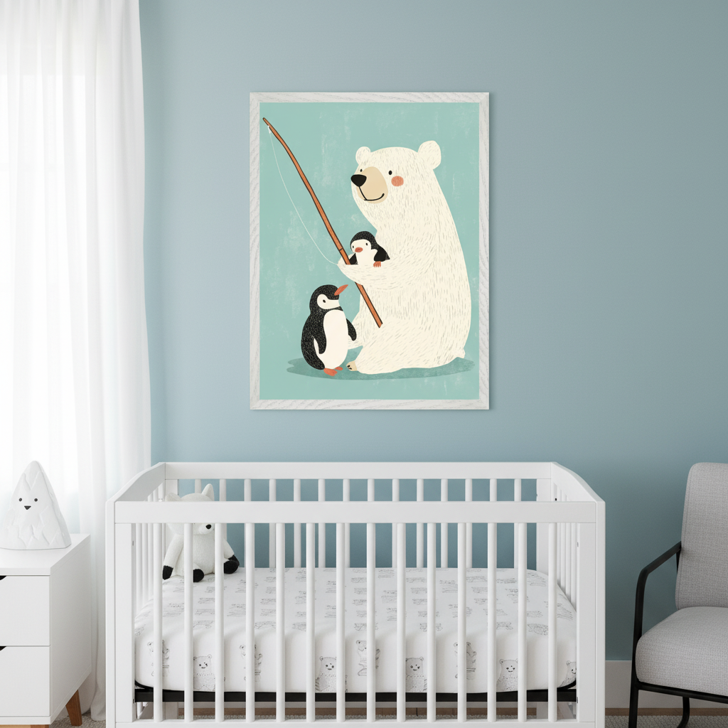 Modern nursery with a white crib and dresser. A framed cartoon print of a polar bear fishing with two penguins hangs above the crib on a light blue wall.
