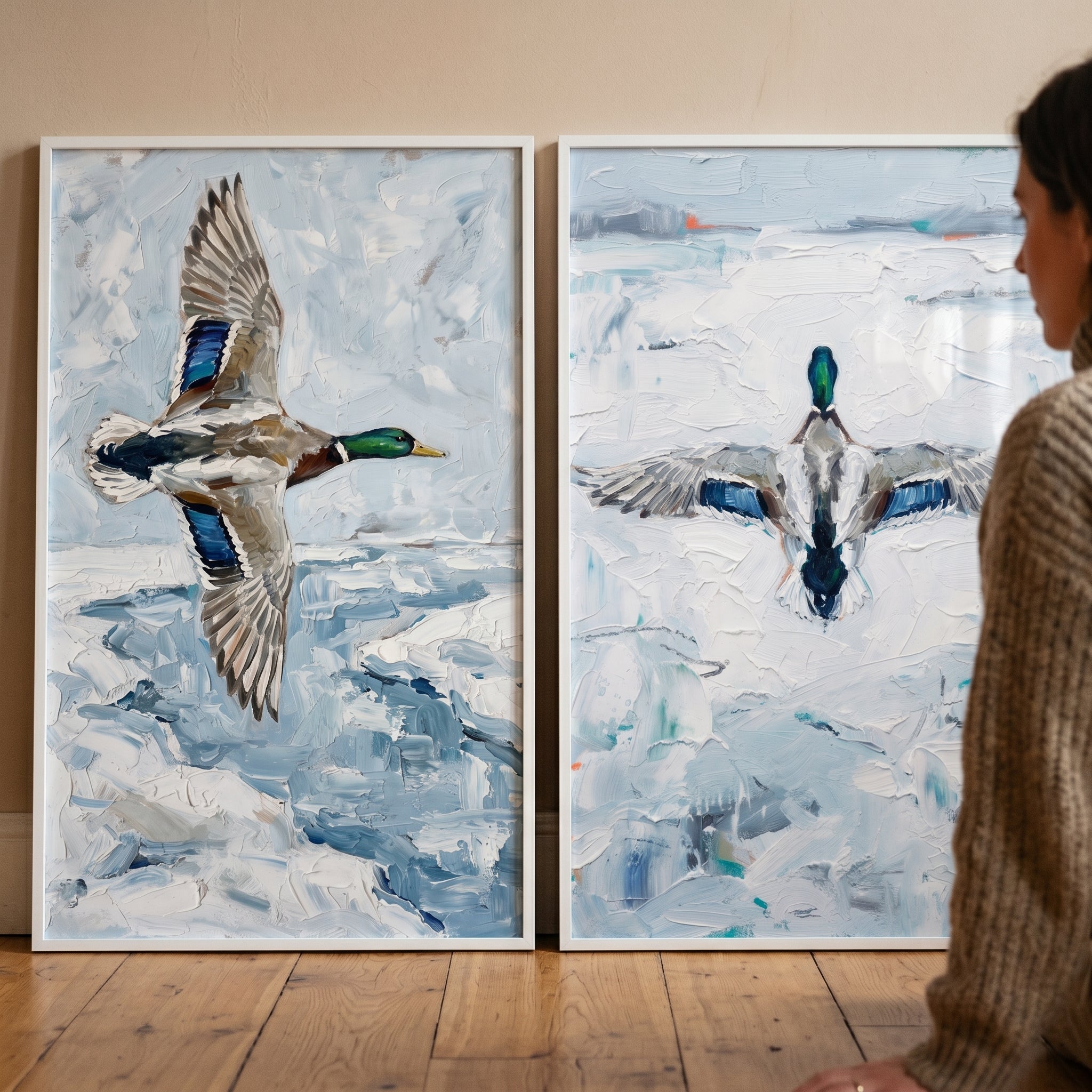 Arctic Blue Mallard Duck Wall Art Set of 2 - Frozen Flight