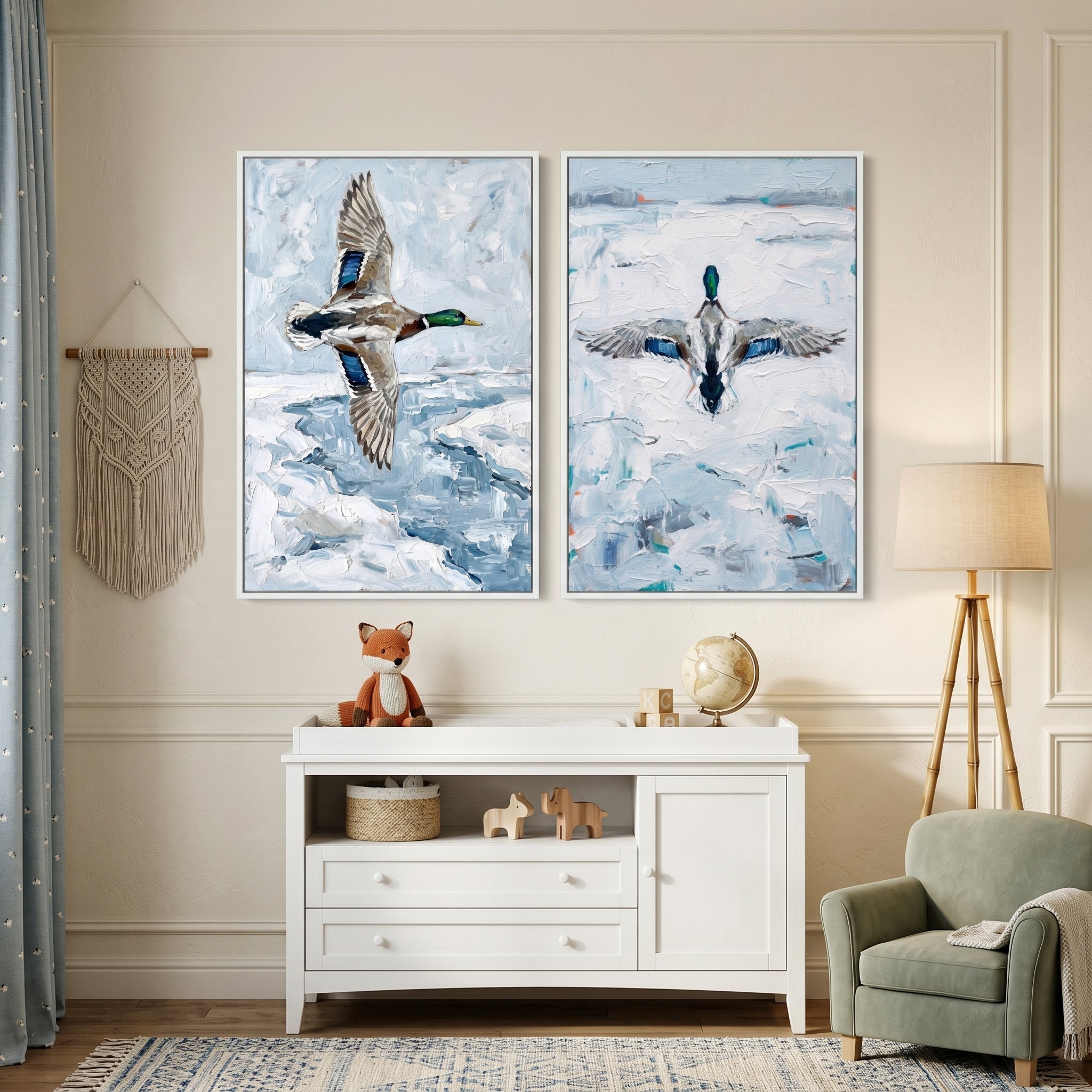 Arctic Blue Mallard Duck Wall Art Set of 2 - Frozen Flight