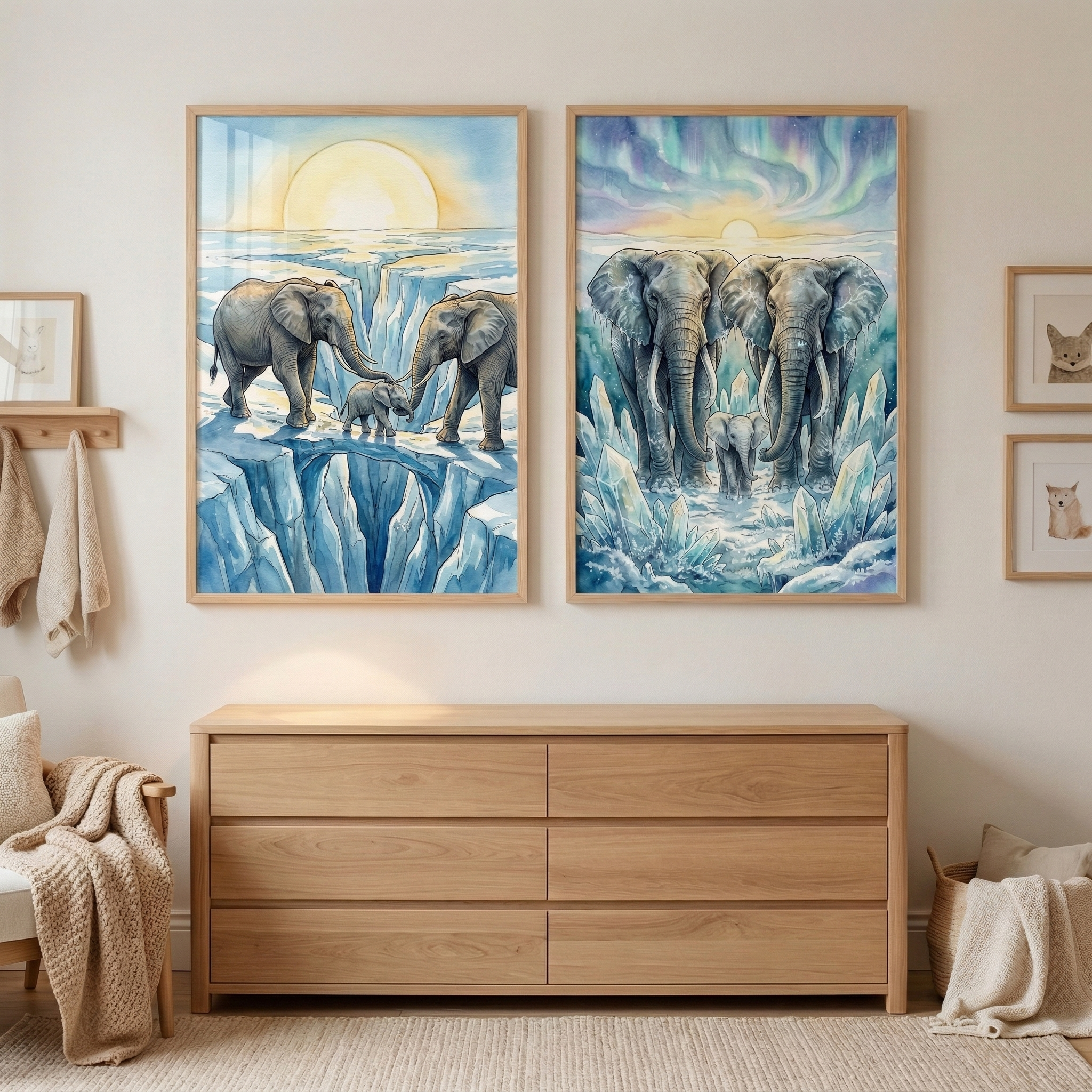 Arctic Elephant Family Wall Art Set of 2 - Frozen Elephant Family