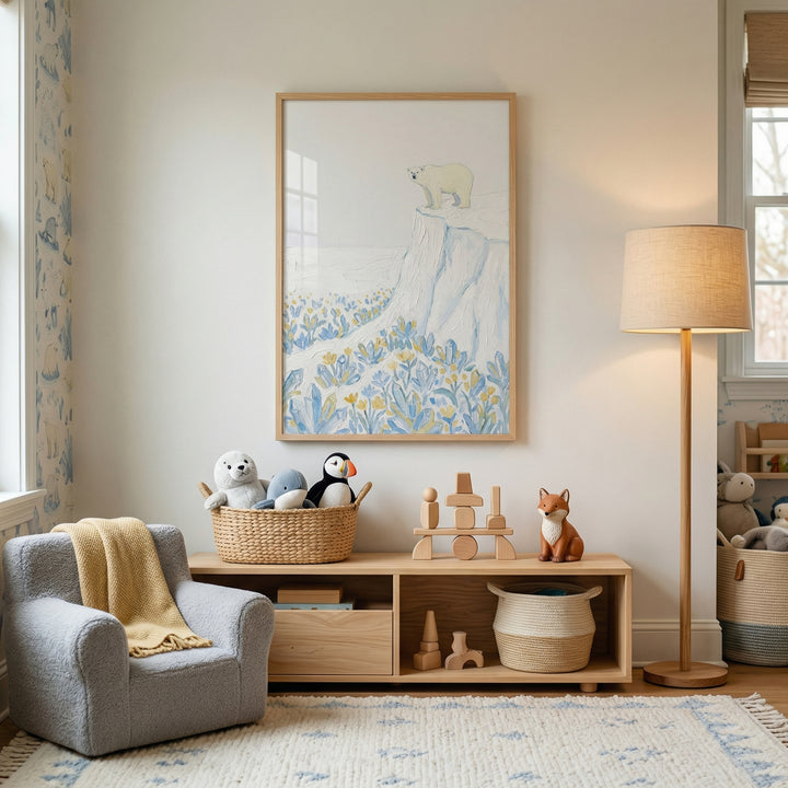 A bright, neutral-toned children's playroom. A low wooden storage unit against a cream wall holds a basket of plush toy animals, wooden blocks, and a small fox figurine. A large framed illustration hangs above, showing a white bear on a cliff over a field of blue and yellow plants. To the left is a small grey textured armchair with a yellow knit blanket. On the right stands a tall floor lamp with a wooden base and fabric shade. A patterned rug covers the floor in this calm space.