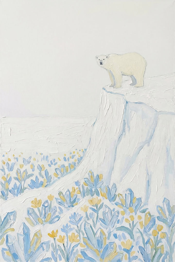 A textured artwork depicts a polar bear standing atop a high, white icy ledge. The bear gazes down toward a vast field filled with clusters of light blue and pale yellow crystal-like forms. The scene is rendered with thick, visible application of medium, creating a tactile and layered surface. The color palette is dominated by white and soft pastels, evoking a serene, wintry landscape under a plain, pale sky.