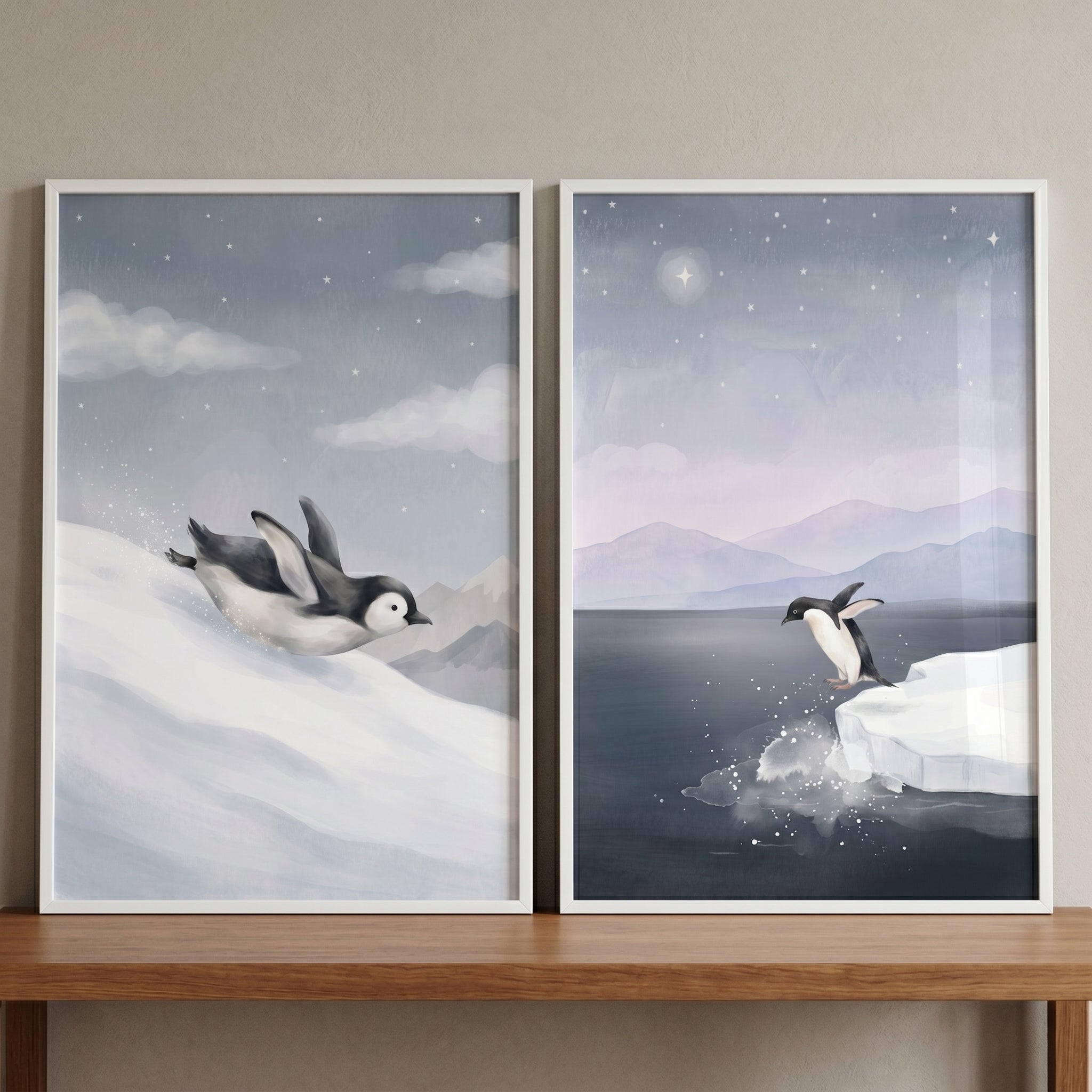 Arctic Starry Night Penguin Wall Art Set of 2 - Arctic Penguin Adventure