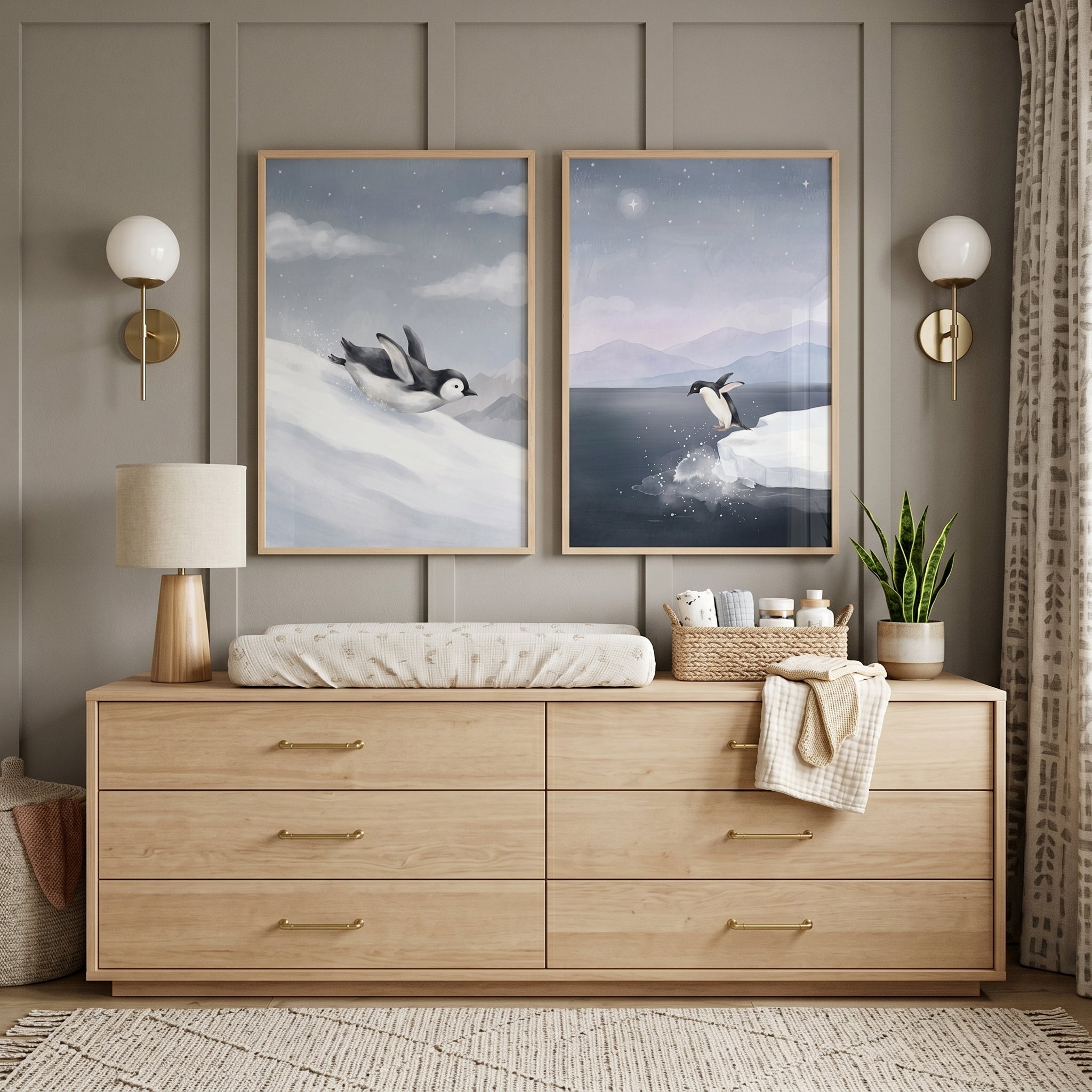 Arctic Starry Night Penguin Wall Art Set of 2 - Arctic Penguin Adventure
