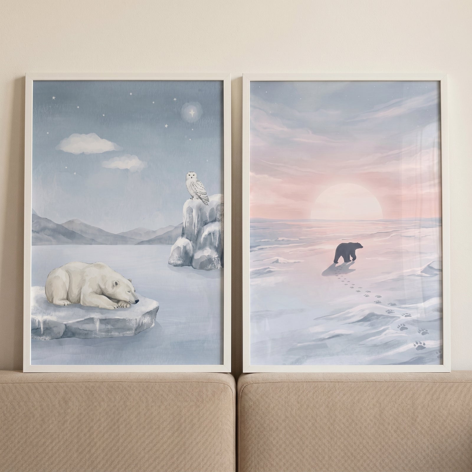 Arctic wilderness polar bear wall art set of 2 featuring a sleeping bear under stars and a bear walking at sunrise.