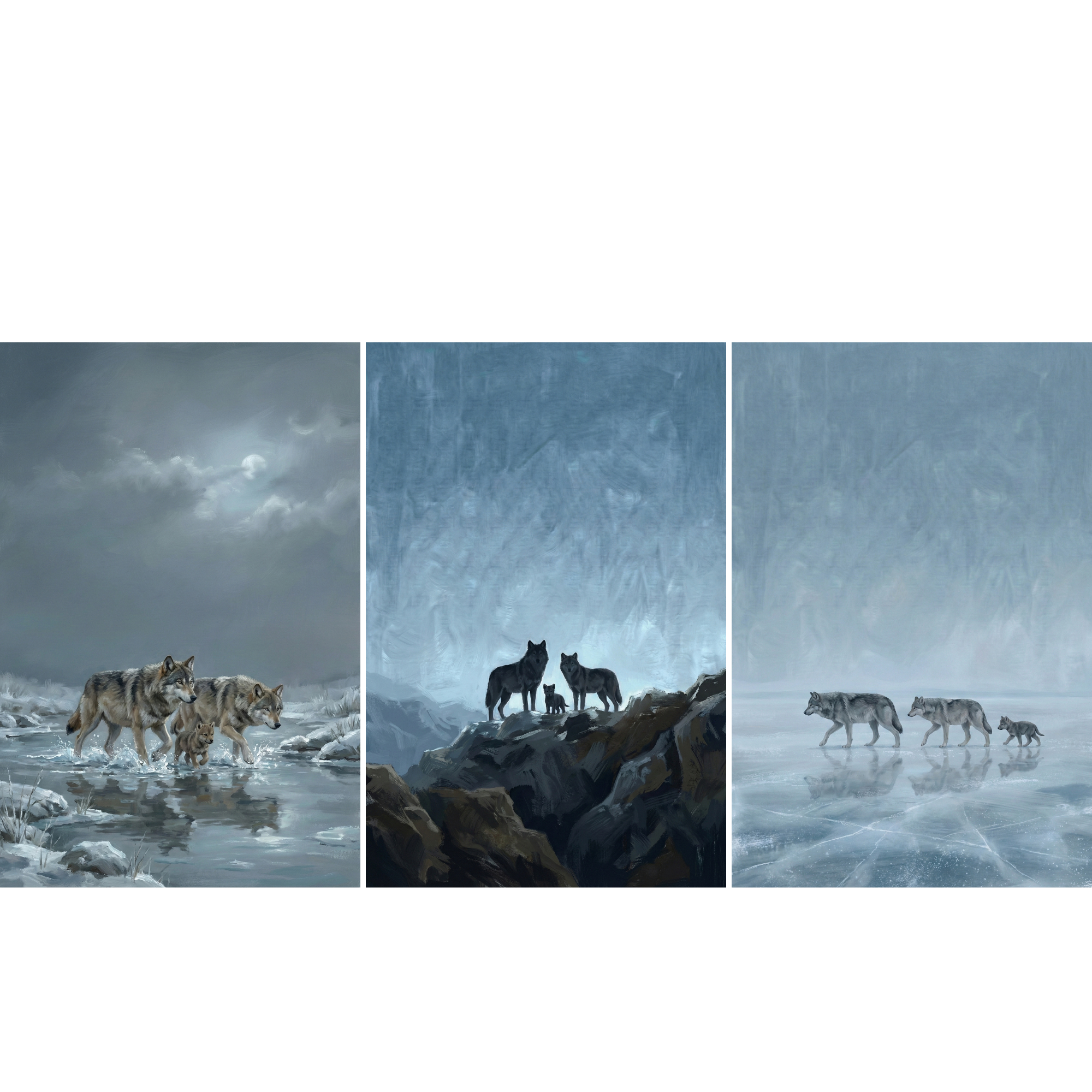 A triptych of three vertical panels depicts wolves in a winter setting. The left panel shows a pair of wolves and a pup wading through a cold stream under a dark, moonlit sky. The center panel features the dark silhouettes of a wolf family standing on a rocky ledge against a textured blue and white sky. The right panel displays two adult wolves and their pup walking across a vast, cracked ice field, with their reflections mirrored on its surface.
