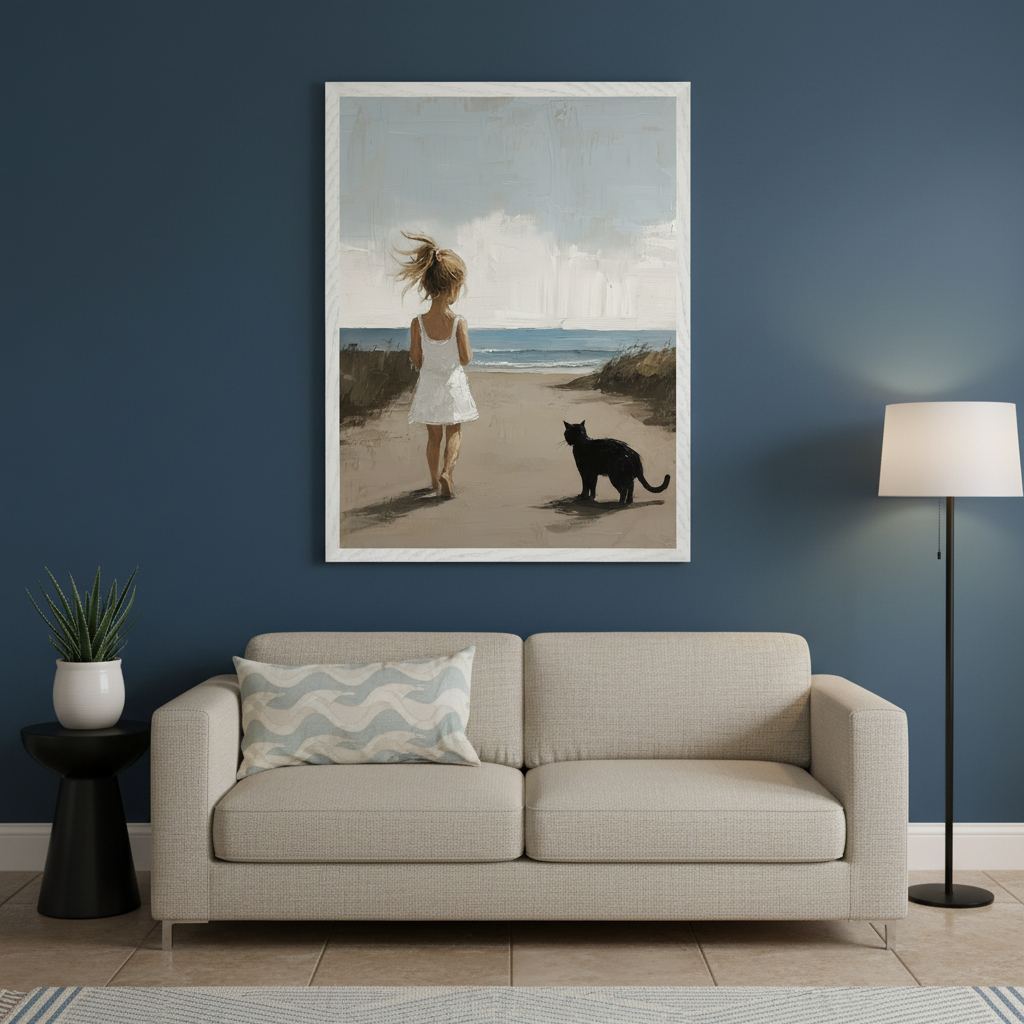 Living room with a beige sofa. A framed vertical impressionistic painting of a barefoot girl and a black cat walking on a sandy beach path towards the ocean hangs centered above the sofa. A black side table with a plant is to the left, and a floor lamp to the right.