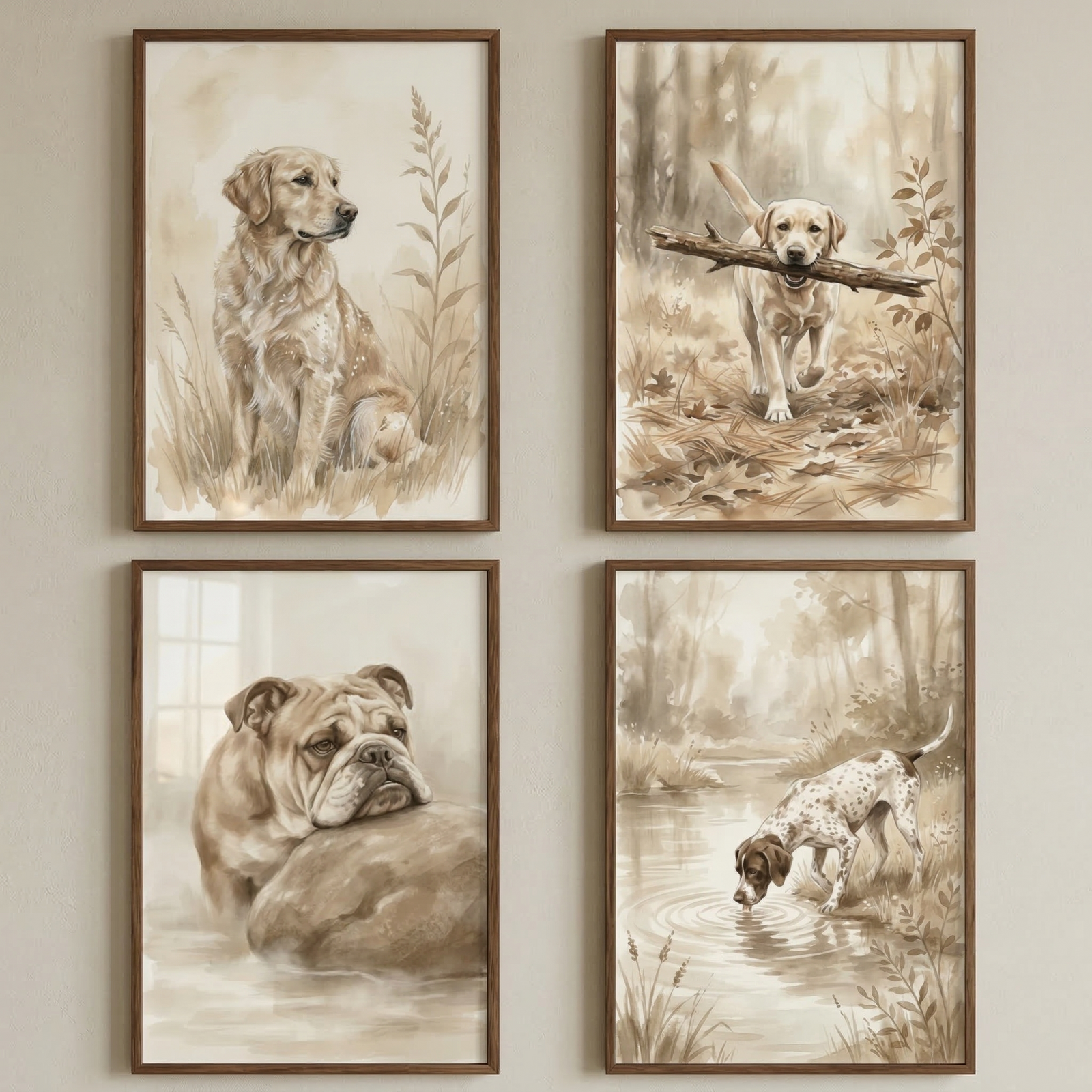 Four sepia toned watercolor dog illustrations arranged in a two by two grid in wooden frames. The images show a golden retriever sitting in tall grass, a dog carrying a large stick through fallen leaves, a bulldog resting its head on a rock, and a spotted dog drinking from a quiet stream in the woods.