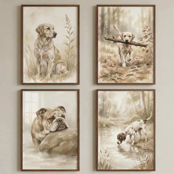 Four sepia toned watercolor dog illustrations arranged in a two by two grid in wooden frames. The images show a golden retriever sitting in tall grass, a dog carrying a large stick through fallen leaves, a bulldog resting its head on a rock, and a spotted dog drinking from a quiet stream in the woods.