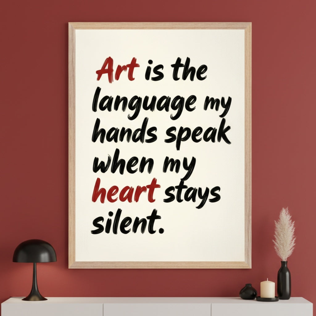 Modern room with a white console table. A black table lamp is on the left, and a vase with pampas grass and a candle are on the right. A large framed poster hangs centered above the table on a dark red wall. The poster features the quote "Art is the language my hands speak when my heart stays silent" in black and red script.
