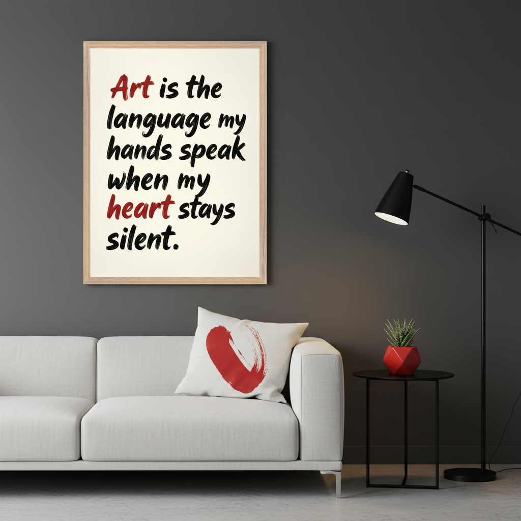 Modern living room with a white sofa against a dark gray wall. A framed poster with the quote "Art is the language my hands speak when my heart stays silent." in black and red brush script hangs above the sofa. A white pillow with a red brushstroke, black side table, and floor lamp are also visible.