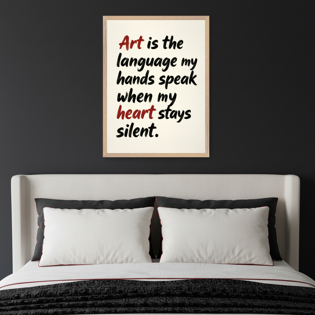 Modern bedroom with a white upholstered bed, white and black pillows, and a black blanket. A light wood-framed print hangs centered above the bed on a dark gray wall. The print has black and red text on a cream background, reading: "Art is the language my hands speak when my heart stays silent.