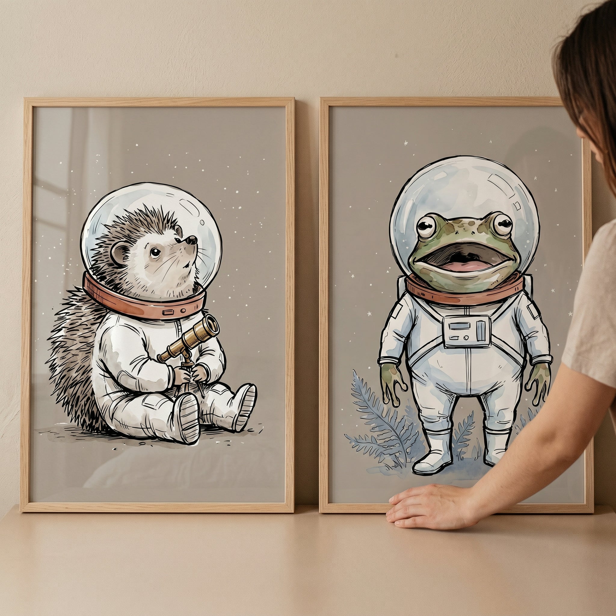 Astronaut Animal Wall Art Set of 2 - Cosmic Critter Duo