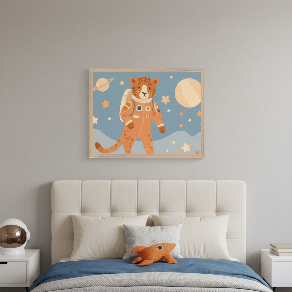 Kid's bedroom with a beige upholstered bed. A framed cartoon print of a cheetah in an astronaut suit among planets and stars hangs centered above the bed. White nightstands flank the bed, one with an astronaut helmet, one with books.
