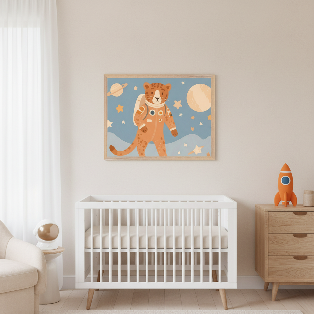 Modern nursery with a white crib and wooden dresser. A framed print of a cartoon leopard in an orange astronaut suit, surrounded by stars and planets, hangs above the crib.