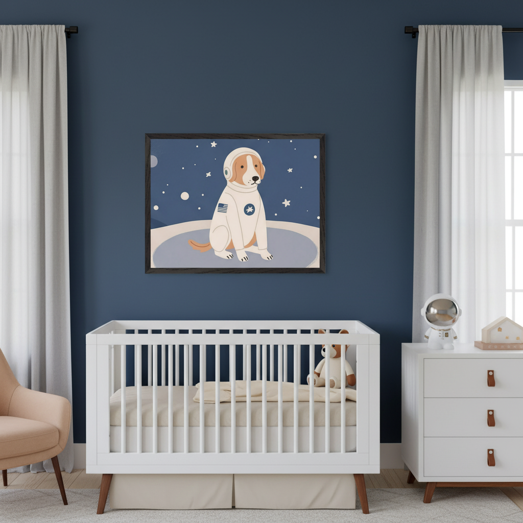Modern nursery with dark blue walls. A white crib is centered, with a beige armchair to its left and a white dresser to its right. Above the crib, a framed cartoon print depicts a dog in an astronaut suit on a starry, dark blue background.