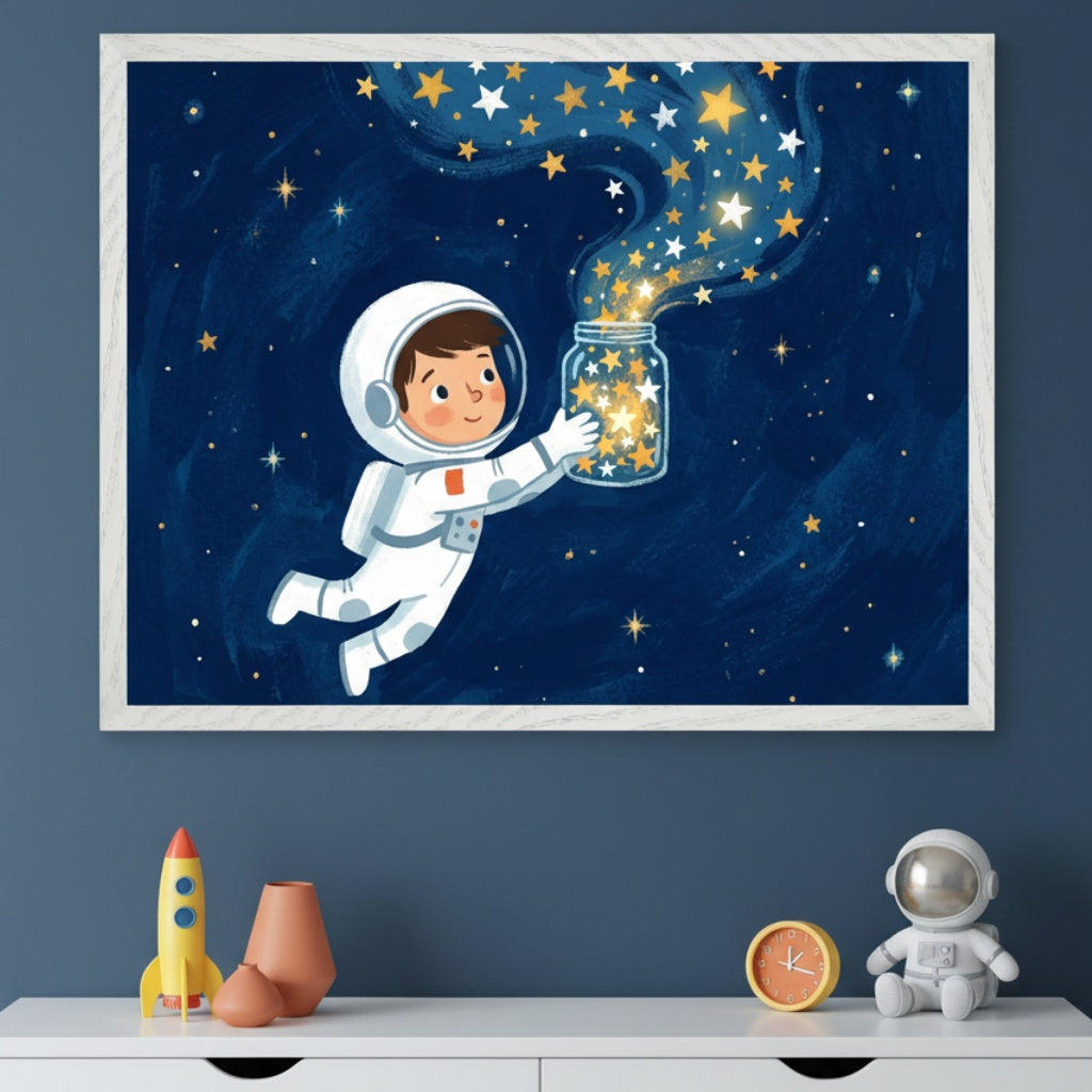 Kid's bedroom with a white dresser against a dark blue wall. A large framed illustration of an astronaut in space collecting stars in a jar hangs centered above the dresser. On the dresser are a yellow rocket, orange vases, a clock, and an astronaut figurine.