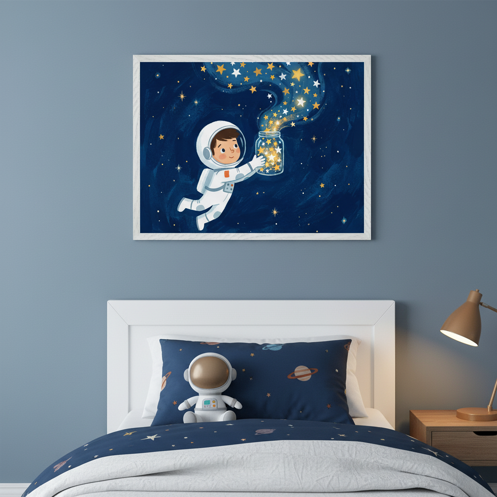 Kid's bedroom with a white bed, blue space-themed bedding, and an astronaut plush. Centered above the bed is a framed cartoon illustration of a boy astronaut collecting glowing stars in a jar against a dark blue starry background. A wooden nightstand and lamp are on the right.