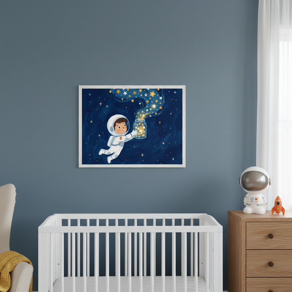 Modern nursery with a blue wall, white crib, and wood dresser. A framed, cartoon-style print of an astronaut child holding a jar of pouring golden stars in space hangs centered above the crib.