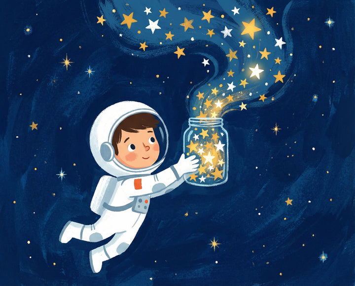 A cheerful child in a white space suit floats in a deep blue starry sky, holding a glass jar from which yellow and white stars flow upward in a magical swirl.
